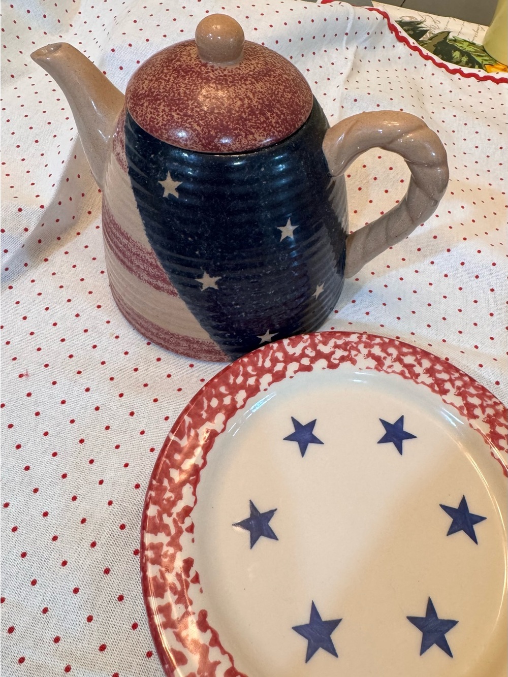 Royal Doulton Blue, Red and Cream Star Teapot with Coordinating Plate